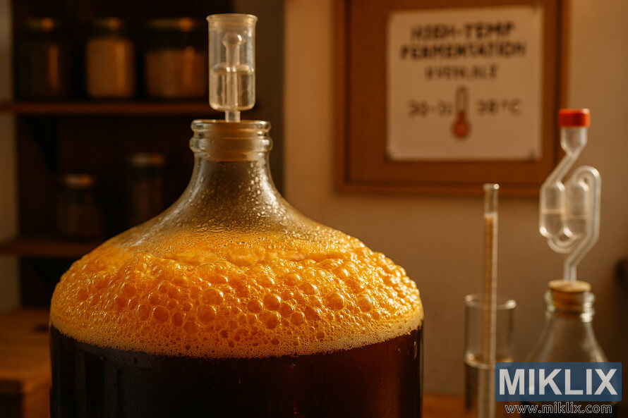 Close-up of bubbling kveik ale fermentation in a glass carboy with brewing tools and cozy background Close-up of bubbling kveik ale fermentation in a glass carboy with brewing tools and cozy background