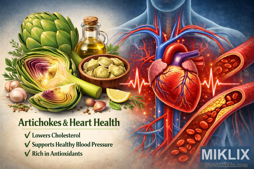 Illustration showing fresh artichokes and heart-healthy ingredients on the left, with an anatomically accurate human heart, glowing blood vessels, and an electrocardiogram line on the right, highlighting the cardiovascular benefits of artichokes such as lowering cholesterol, supporting healthy blood pressure, and providing antioxidants. Illustration showing fresh artichokes and heart-healthy ingredients on the left, with an anatomically accurate human heart, glowing blood vessels, and an electrocardiogram line on the right, highlighting the cardiovascular benefits of artichokes such as lowering cholesterol, supporting healthy blood pressure, and providing antioxidants.