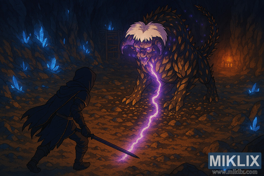 Anime-style isometric image of the Tarnished fighting the Fallingstar Beast in a crystal cave