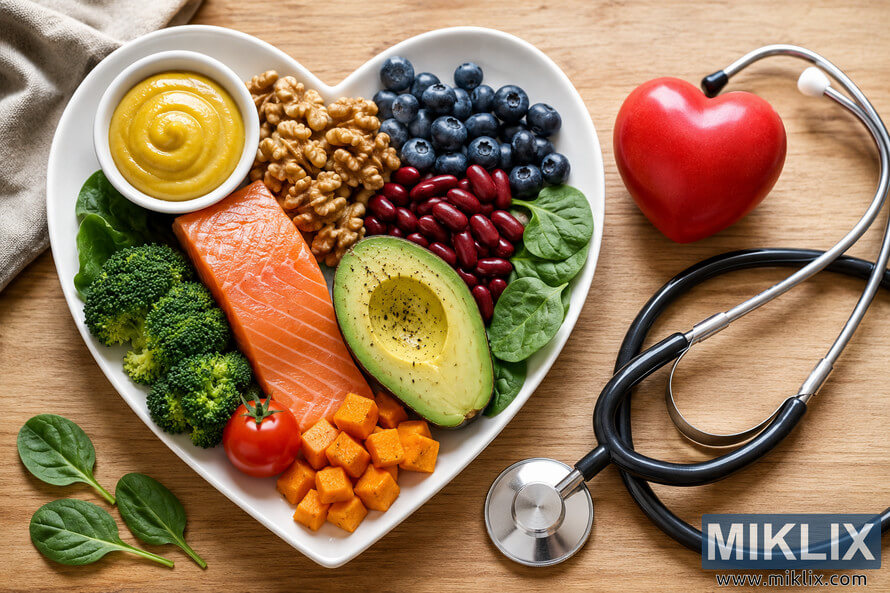 Overhead landscape photo of heart-healthy foods arranged on a white heart-shaped plate with salmon, avocado, blueberries, walnuts, broccoli, kidney beans, spinach, and a bowl of mustard beside a red heart and stethoscope on a wooden table. Overhead landscape photo of heart-healthy foods arranged on a white heart-shaped plate with salmon, avocado, blueberries, walnuts, broccoli, kidney beans, spinach, and a bowl of mustard beside a red heart and stethoscope on a wooden table.