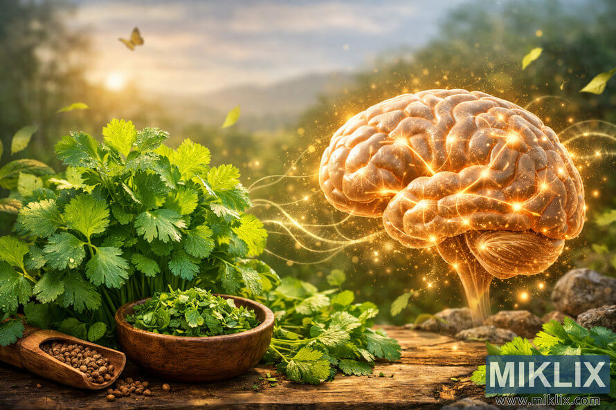 A glowing human brain connected by light to fresh cilantro leaves in a sunlit natural landscape, symbolizing cognitive vitality and herbal wellness. A glowing human brain connected by light to fresh cilantro leaves in a sunlit natural landscape, symbolizing cognitive vitality and herbal wellness.