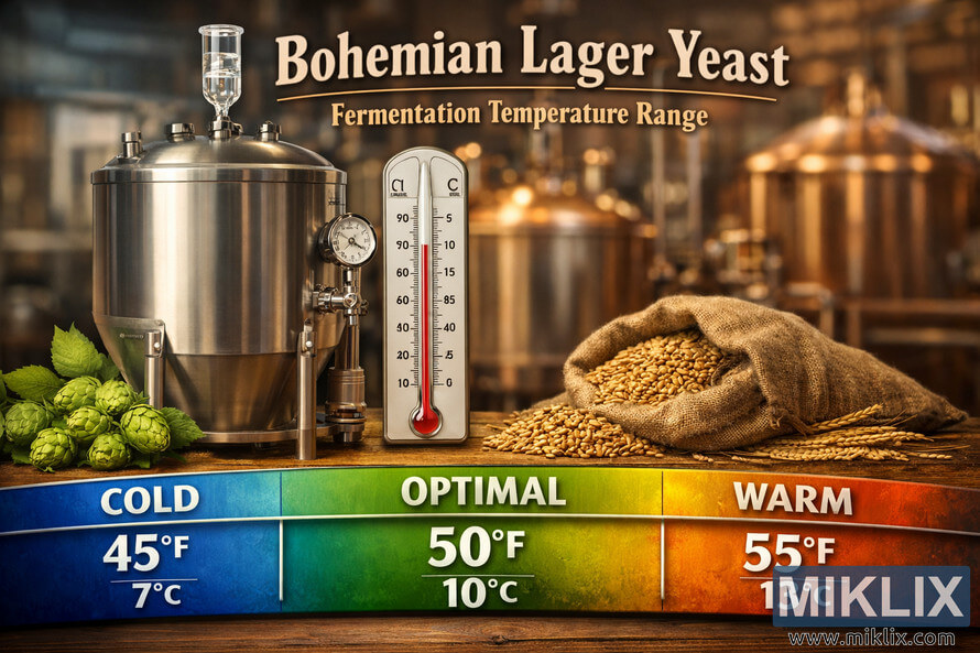 Educational diagram of Bohemian Lager Yeast fermentation temperatures from 45Â°F to 55Â°F, featuring a color-coded scale, fermenter, thermometer, hops, barley, and a blurred brewery background.
