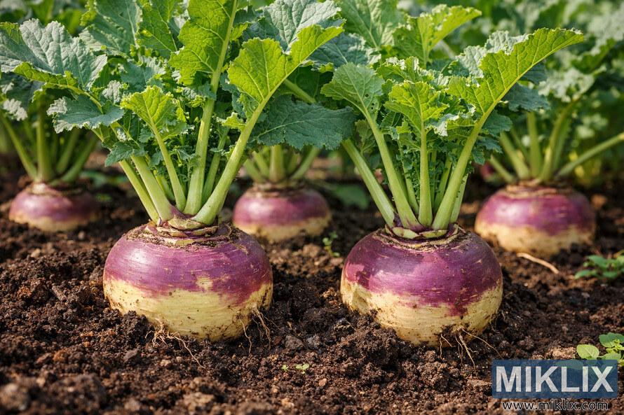 Close-up of rutabaga plants with purple-crowned roots and green leaves growing in rich garden soil under sunlight.