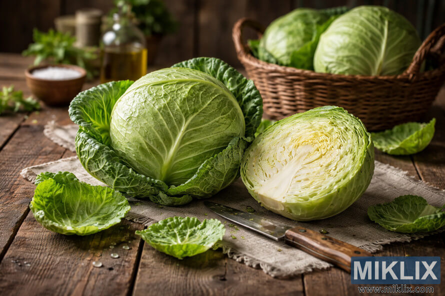 Col verda fresca sencera i tallada per la meitat disposada sobre una taula de fusta rÃºstica amb un ganivet, un bol de sal, una ampolla d'oli d'oliva i una cistella de vÃ­met al fons.