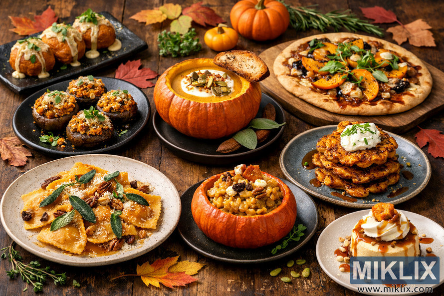 A beautifully arranged autumn table featuring creative pumpkin dishes including ravioli, soup in a hollowed pumpkin, risotto, pizza, fritters, cheesecake, and croquettes, surrounded by small pumpkins, herbs, and colorful leaves.