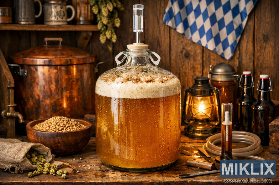 Glass carboy of fermenting golden lager with krausen and airlock on a wooden bench in a rustic German homebrewing room.