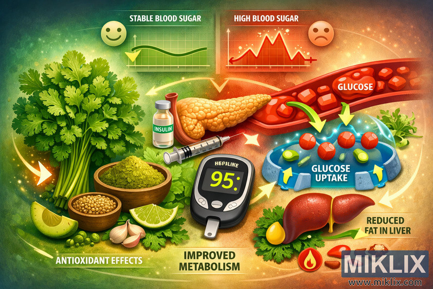 Educational digital illustration showing cilantro, a pancreas, insulin vial, blood vessel with labeled glucose molecules, cell receptors for glucose uptake, a healthy blood sugar meter reading 95, contrasting stable and high blood sugar graphs, liver with reduced fat label, and antioxidant shields, all connected by glowing arrows on a green and blue background. Educational digital illustration showing cilantro, a pancreas, insulin vial, blood vessel with labeled glucose molecules, cell receptors for glucose uptake, a healthy blood sugar meter reading 95, contrasting stable and high blood sugar graphs, liver with reduced fat label, and antioxidant shields, all connected by glowing arrows on a green and blue background.