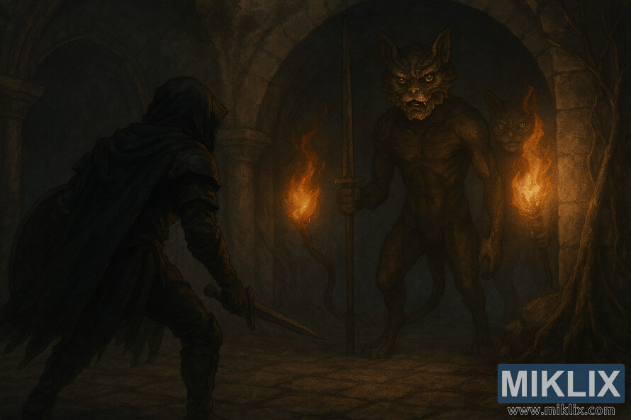Fan art semi-realista do Maculado com armadura de Faca Negra a enfrentar dois CÃ£es de Guarda da Sepultura da Ãrvore Ãurea numa catacumba escura.