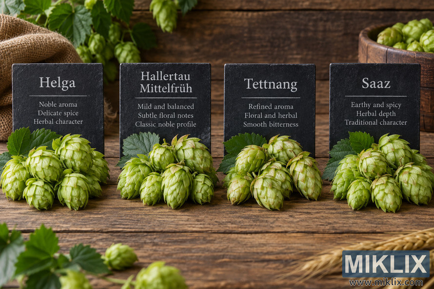 Landscape comparison display showing Helga hops alongside Hallertau Mittelfrüh, Tettnang, and Saaz hop cones on a rustic wooden table with labeled slate panels. Landscape comparison display showing Helga hops alongside Hallertau Mittelfrüh, Tettnang, and Saaz hop cones on a rustic wooden table with labeled slate panels.
