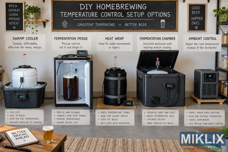 Five DIY homebrewing temperature-control setups displayed side by side: swamp cooler, fermentation fridge, heat wrap, insulated chamber, and ambient room control.