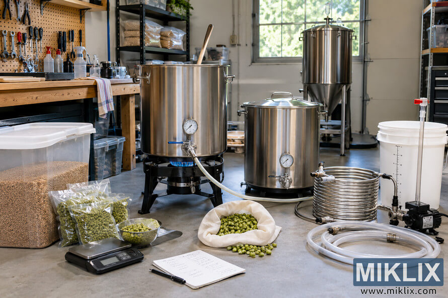 Wide view of a bright homebrewing workshop with three stainless-steel brewing kettles, hoses, cooling coil, grain, green Legacy hops, scale, measuring pitcher, and brew notebook arranged for brew day. Wide view of a bright homebrewing workshop with three stainless-steel brewing kettles, hoses, cooling coil, grain, green Legacy hops, scale, measuring pitcher, and brew notebook arranged for brew day.