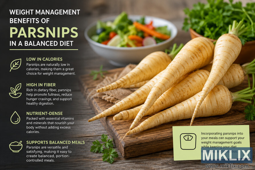 A landscape-oriented health-themed image showing several fresh parsnips arranged on a rustic wooden cutting board beside leafy herbs and a bowl of colorful salad. An infographic panel explains that parsnips are low in calories, high in fiber, nutrient-dense, and suitable for balanced meals, emphasizing their role in healthy weight management. A landscape-oriented health-themed image showing several fresh parsnips arranged on a rustic wooden cutting board beside leafy herbs and a bowl of colorful salad. An infographic panel explains that parsnips are low in calories, high in fiber, nutrient-dense, and suitable for balanced meals, emphasizing their role in healthy weight management.