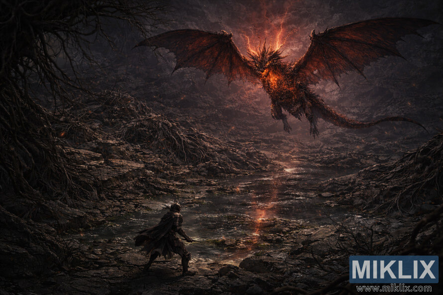 SÃ¶tÃ©t fantasy alkotÃ¡s, amely egy magÃ¡nyos, megfeketedett harcost Ã¡brÃ¡zol, aki a levegÅben szÃ¡llÃ³ Lichdragon Fortissaxszal nÃ©z szembe az Ã¡rnyÃ©kos MÃ©lysÃ©gben.