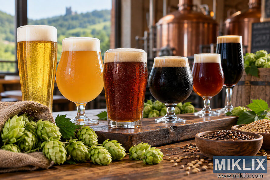 Landscape brewery scene showing six unbranded beer styles in varied glassware, from pale golden and hazy beer to amber and dark stout-like beers, arranged on a rustic wooden board with fresh green hop cones, malted grains, copper brewing tanks, and a softly blurred countryside in the background. Landscape brewery scene showing six unbranded beer styles in varied glassware, from pale golden and hazy beer to amber and dark stout-like beers, arranged on a rustic wooden board with fresh green hop cones, malted grains, copper brewing tanks, and a softly blurred countryside in the background.
