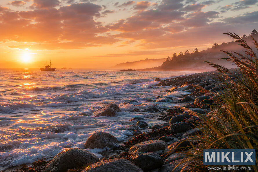 A serene coastal landscape at sunset with foamy waves washing over smooth rocks, mist rolling in from the ocean, coastal grasses swaying in warm light, and distant fishing boats silhouetted against the horizon. A serene coastal landscape at sunset with foamy waves washing over smooth rocks, mist rolling in from the ocean, coastal grasses swaying in warm light, and distant fishing boats silhouetted against the horizon.
