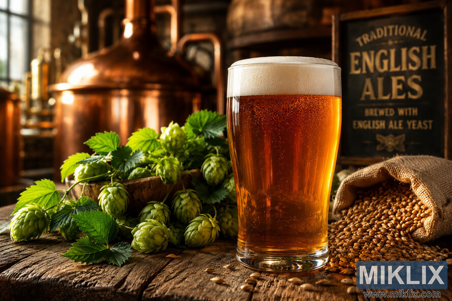 Close-up of a golden English ale with a frothy white head on a rustic wooden table, surrounded by fresh hops and malt grains in a warm brewery setting.