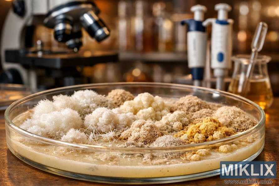 Close-up of mixed brewerâs yeast strains growing on agar in a petri dish with microscope and pipettes in a softly blurred laboratory brewing environment.