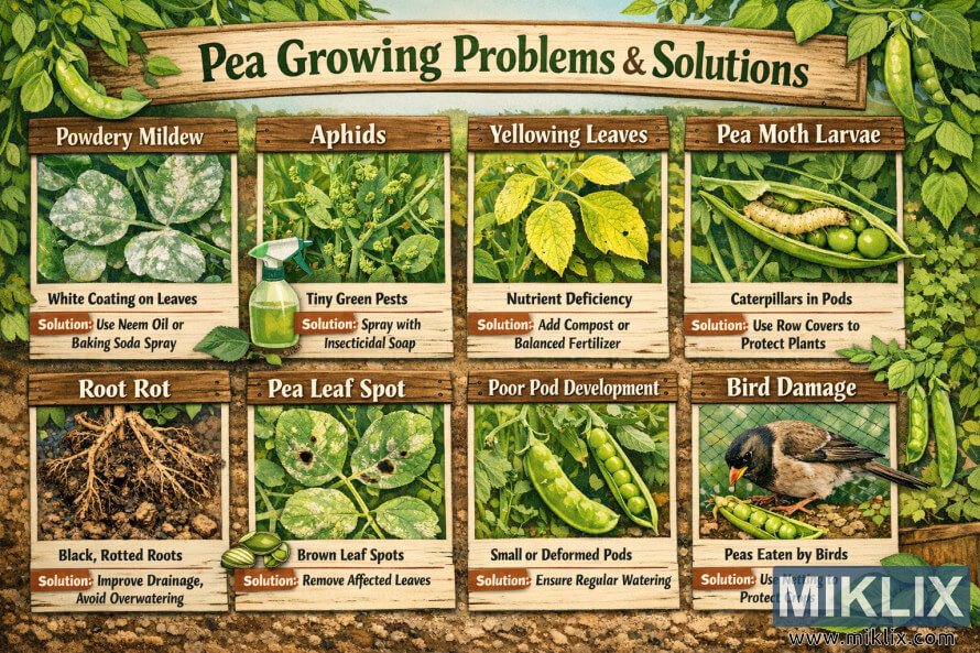 Infographic showing common pea plant growing problems such as powdery mildew, aphids, yellowing leaves, pea moth larvae, root rot, leaf spot, poor pod development, and bird damage, with photos and practical solutions. Infographic showing common pea plant growing problems such as powdery mildew, aphids, yellowing leaves, pea moth larvae, root rot, leaf spot, poor pod development, and bird damage, with photos and practical solutions.