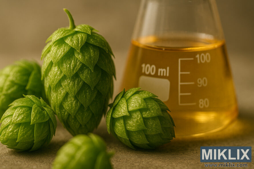 Macro shot of fresh Lucan hop cones with lupulin glands beside a beaker of golden hop extract under warm light.