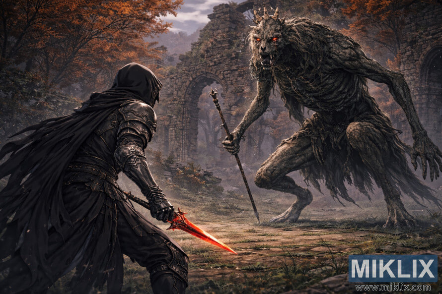 Fantasy scÃ©na v anime Å¡tÃ½le, na ktorej je PoÅ¡kvrnenÃ½ v brnenÃ­ Äierneho noÅ¾a videnÃ½ zozadu a ÄelÃ­ gigantickej poloÄ¾udskej krÃ¡Ä¾ovnej v ruinÃ¡ch starobylÃ©ho lesa pred bitkou.