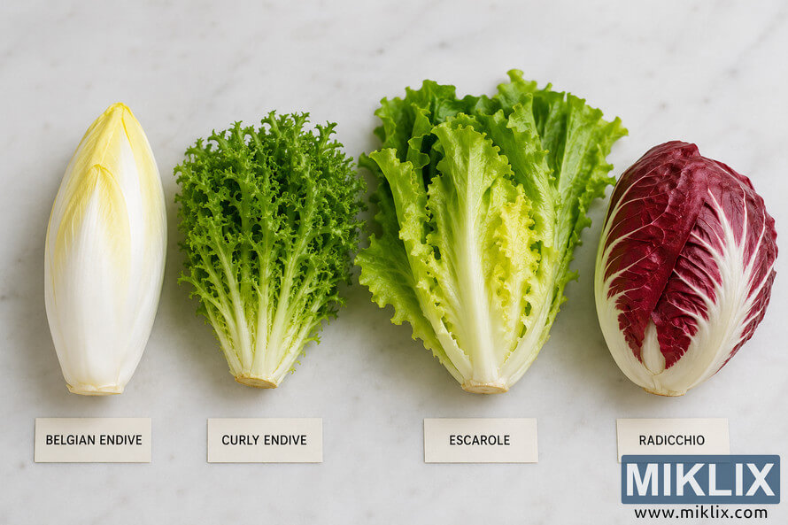 Landscape-oriented overhead studio photograph comparing four leafy vegetables on a light marble background: Belgian endive, curly endive, escarole, and radicchio. Each vegetable is arranged side by side with a clean label beneath it, highlighting differences in color, texture, and shape. Landscape-oriented overhead studio photograph comparing four leafy vegetables on a light marble background: Belgian endive, curly endive, escarole, and radicchio. Each vegetable is arranged side by side with a clean label beneath it, highlighting differences in color, texture, and shape.