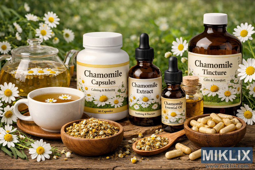 Landscape photo of assorted chamomile products on a rustic wooden surface, including a glass teapot and cup of chamomile tea with floating flowers, bowls of dried chamomile blossoms and capsules, and several labeled bottles of chamomile capsules, extract, essential oil, tincture, and chamomile oil, surrounded by scattered fresh chamomile flowers and a softly blurred green background.