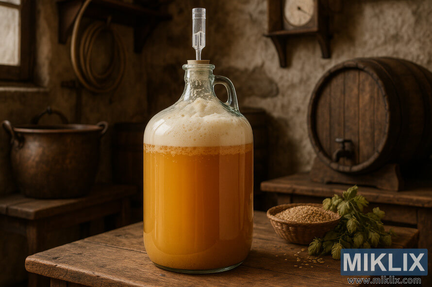 Glass carboy of fermenting Hefeweizen beer with frothy krausen, set in a rustic German homebrewing room with wooden table, copper kettle, and barrel.