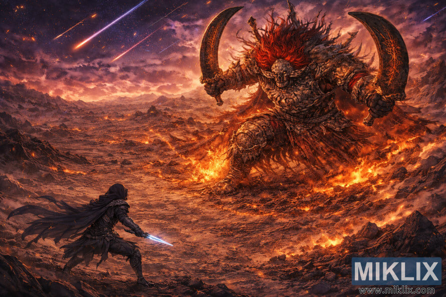 Isometric anime-style scene showing a tiny Tarnished facing a towering Starscourge Radahn on a burning battlefield with meteors in the sky.