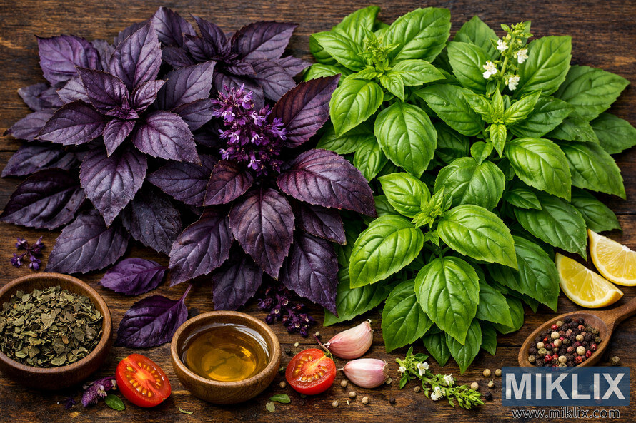 Purple and green basil leaves arranged on a rustic wooden surface with bowls of dried basil, olive oil, tomatoes, garlic, lemon wedges, and peppercorns highlighting antioxidant diversity and health benefits.