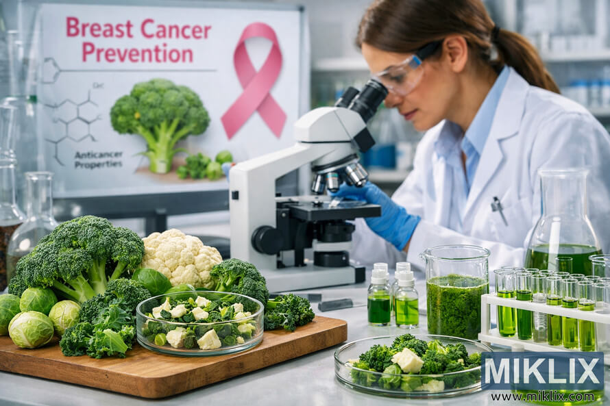 A modern breast cancer research laboratory where a scientist in a white lab coat, blue gloves, and safety goggles examines samples through a compound microscope.
