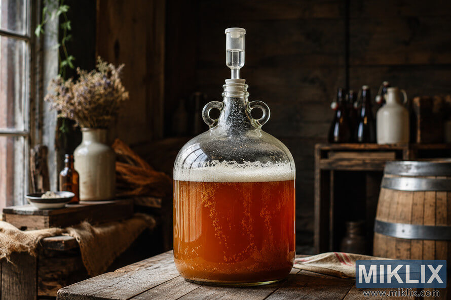 A photorealistic glass carboy filled with fermenting English ale sits on a rustic wooden table inside a warmly lit farmhouse-style brewing room, surrounded by vintage bottles, dried flowers, and wooden textures. A photorealistic glass carboy filled with fermenting English ale sits on a rustic wooden table inside a warmly lit farmhouse-style brewing room, surrounded by vintage bottles, dried flowers, and wooden textures.