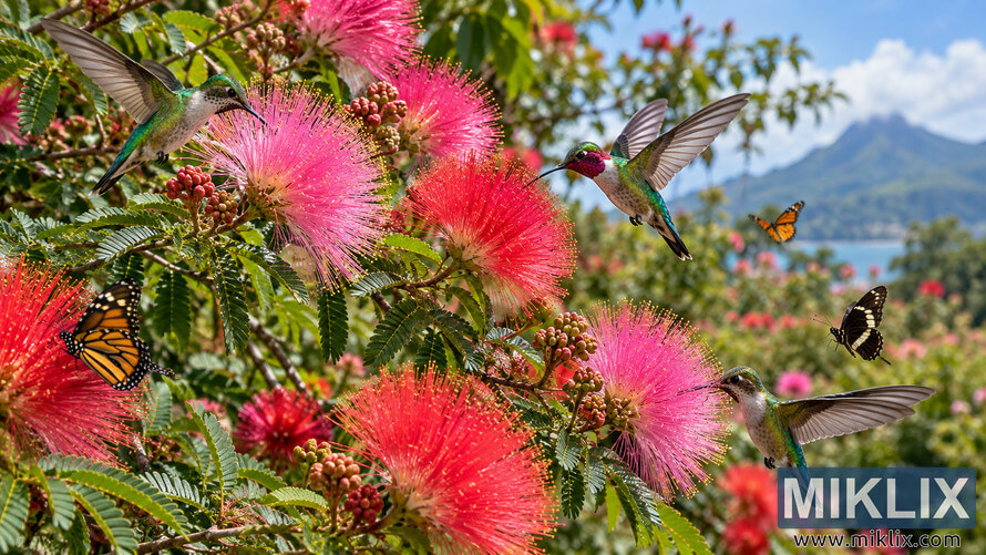 Hummingbirds and butterflies hover among vivid pink and red powder puff flowers, with green foliage, blue water, mountains and a bright sky behind. Hummingbirds and butterflies hover among vivid pink and red powder puff flowers, with green foliage, blue water, mountains and a bright sky behind.