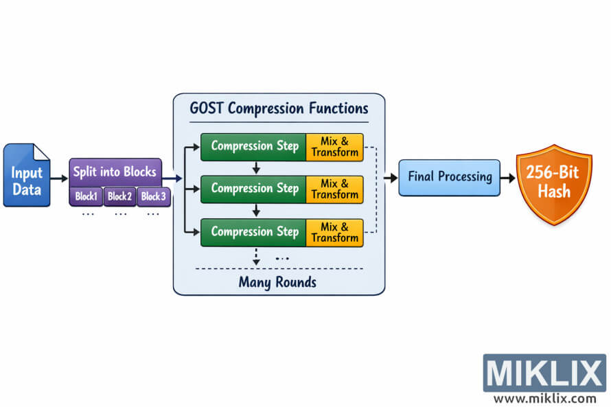 പ്രീപ്രോസസ്സിംഗ്, മിക്സിംഗ്, കംപ്രഷൻ, ഹാഷ് ഔട്ട്പുട്ട് നിർമ്മിക്കൽ എന്നിവയിലൂടെ ഇൻപുട്ട് ഡാറ്റ ഒഴുകുന്നത് കാണിക്കുന്ന ലാൻഡ്സ്കേപ്പ് ഇൻഫോഗ്രാഫിക്.