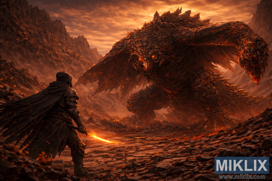 Tume fantaasiastseen, kus Tuhmunud Musta Nuga Soomusrüüs on tagantvaates, tema varju jääb kolossaalne Bayle Ãud vulkaanilises orus päikeseloojangul. Tume fantaasiastseen, kus Tuhmunud Musta Nuga Soomusrüüs on tagantvaates, tema varju jääb kolossaalne Bayle Ãud vulkaanilises orus päikeseloojangul.