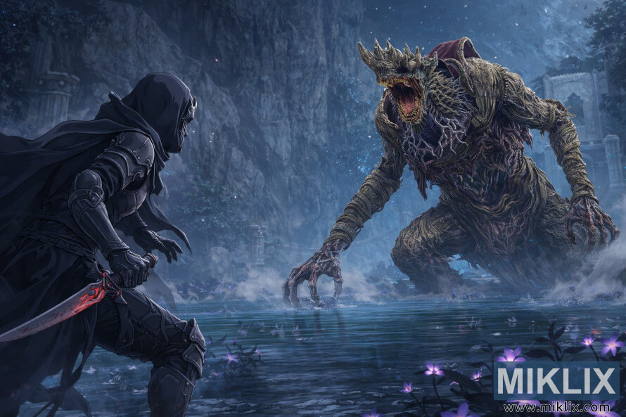 AÃ°dÃ¡endamynd Ã­ anime-stÃ­l af Tarnished in Black Knife brynjunni sem horfist varlega Ã­ augu viÃ° Dragonkin-hermanninn Ã­ Ã¾okukenndu vatni Siofra-Ã¡rinnar rÃ©tt fyrir bardaga.