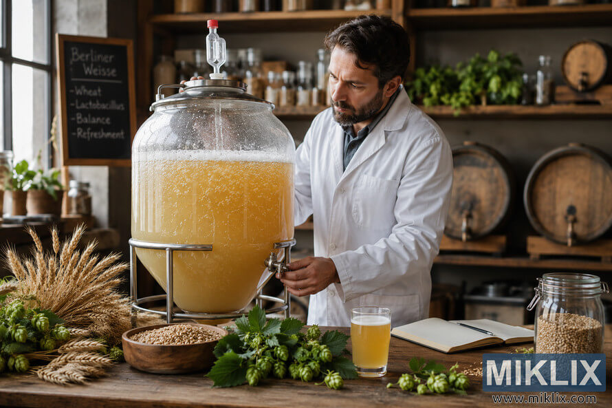 A skilled brewer in a white lab coat inspects a bubbling glass fermentation vessel filled with hazy Berliner Weisse-style beer on a countertop surrounded by wheat, hops, and brewing ingredients inside a warmly lit craft brewery. A skilled brewer in a white lab coat inspects a bubbling glass fermentation vessel filled with hazy Berliner Weisse-style beer on a countertop surrounded by wheat, hops, and brewing ingredients inside a warmly lit craft brewery.