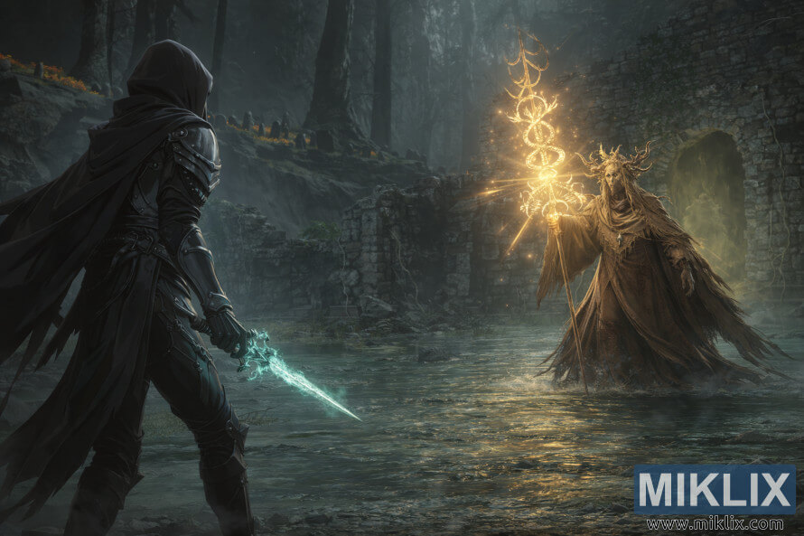 Anime-style fan art showing the Tarnished in Black Knife armor facing Jori, Elder Inquisitor, in the flooded Darklight Catacombs moments before battle in Elden Ring. Anime-style fan art showing the Tarnished in Black Knife armor facing Jori, Elder Inquisitor, in the flooded Darklight Catacombs moments before battle in Elden Ring.