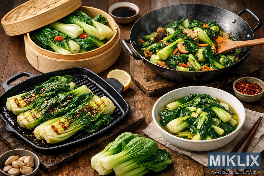 A high-resolution landscape photo showing four bok choy dishes prepared using different cooking methodsâsteamed, stir-fried, grilled, and sautéedâarranged on a rustic wooden table with complementary ingredients and utensils. A high-resolution landscape photo showing four bok choy dishes prepared using different cooking methodsâsteamed, stir-fried, grilled, and sautéedâarranged on a rustic wooden table with complementary ingredients and utensils.