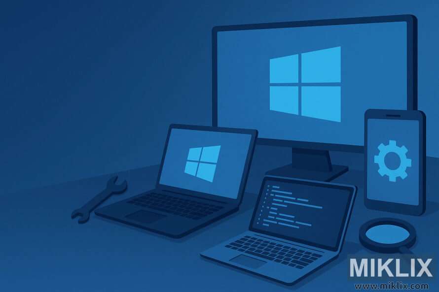 Flat-style illustration of devices with Windows logo, code, and tools. Flat-style illustration of devices with Windows logo, code, and tools.