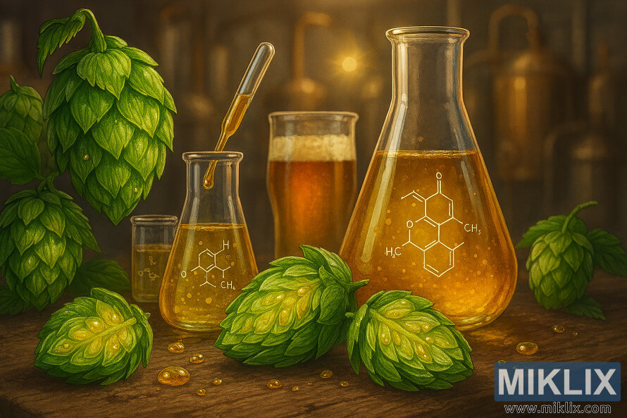 Detailed illustration of cut hop cones, hop oil glassware, and blurred brewery equipment showing hop oil composition. Detailed illustration of cut hop cones, hop oil glassware, and blurred brewery equipment showing hop oil composition.