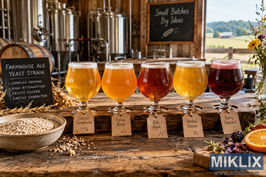 Five experimental farmhouse ales in tagged tasting glasses on a rustic wooden table, with yeast granules, fruit, brewing tanks, barrels, and countryside behind.