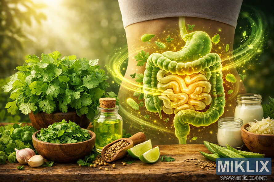 Landscape photo of fresh cilantro, coriander seeds, lime wedges, garlic, aloe vera, fennel seeds, yogurt, kefir, and sauerkraut arranged on a rustic wooden surface, with a semi-transparent glowing illustration of a human digestive system in the center-right, surrounded by swirling green energy, floating leaves, and probiotic-like particles, set against a softly blurred, sunlit green background. Landscape photo of fresh cilantro, coriander seeds, lime wedges, garlic, aloe vera, fennel seeds, yogurt, kefir, and sauerkraut arranged on a rustic wooden surface, with a semi-transparent glowing illustration of a human digestive system in the center-right, surrounded by swirling green energy, floating leaves, and probiotic-like particles, set against a softly blurred, sunlit green background.