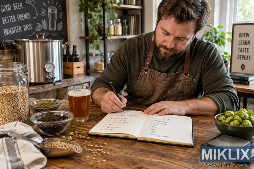 Homebrewer in a brown apron writing a beer recipe in an open journal at a rustic wooden table surrounded by malt, hops, brewing grain, a glass of amber beer, a digital scale, and stainless-steel home-brewing equipment. Homebrewer in a brown apron writing a beer recipe in an open journal at a rustic wooden table surrounded by malt, hops, brewing grain, a glass of amber beer, a digital scale, and stainless-steel home-brewing equipment.