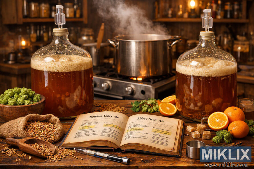 Rustic home-brewing scene with two fermenting glass carboys, steaming kettle on a stove, an open Abbey ale recipe book, hops, malt, oranges, candi sugar, and measuring tools on a wooden table.