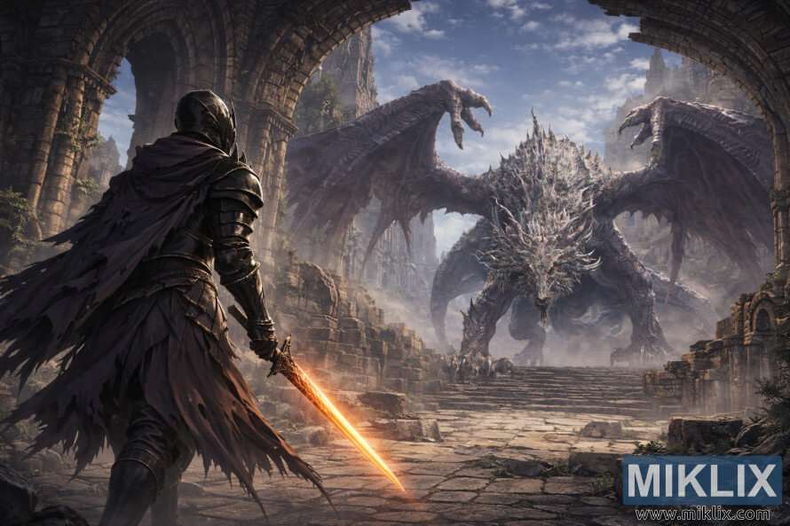 Ksatria lapis baja poék gaya anime nganggo pedang anu hurung nyanghareupan naga wyvern raksasa di reruntuhan gotik anu lega sateuacan perang. Ksatria lapis baja poék gaya anime nganggo pedang anu hurung nyanghareupan naga wyvern raksasa di reruntuhan gotik anu lega sateuacan perang.