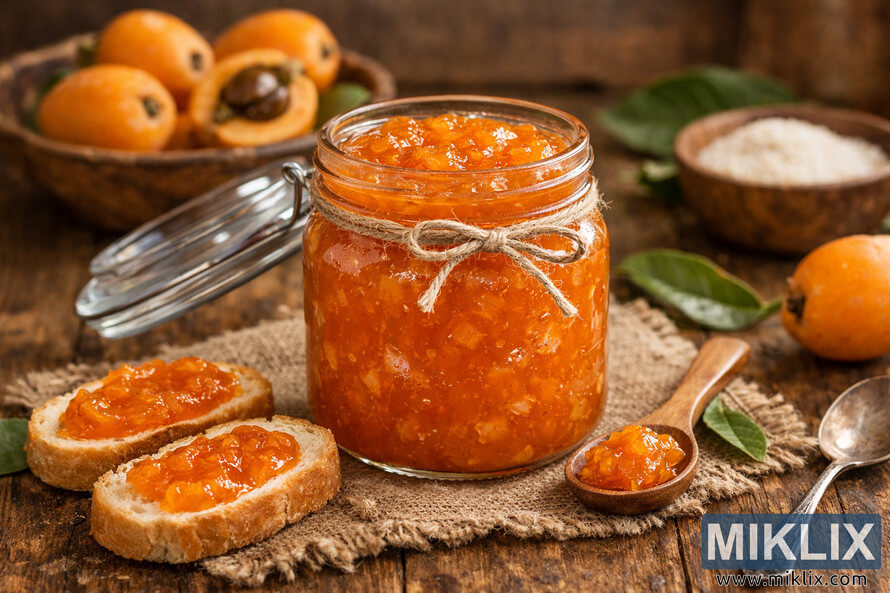 Rustic close-up photo of a glass jar filled with homemade orange loquat jam on a weathered wooden table, surrounded by slices of crusty bread spread with jam, fresh whole and halved loquats, a small wooden spoon with jam on a frayed burlap cloth, and bowls of loquats and sugar, all lit by warm natural light. Rustic close-up photo of a glass jar filled with homemade orange loquat jam on a weathered wooden table, surrounded by slices of crusty bread spread with jam, fresh whole and halved loquats, a small wooden spoon with jam on a frayed burlap cloth, and bowls of loquats and sugar, all lit by warm natural light.