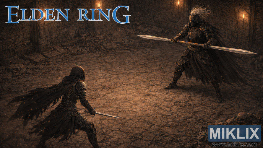 Fan art of Tarnished in Black Knife armor battling Black Knight Edredd in Elden Ring’s Fort of Reprimand Fan art of Tarnished in Black Knife armor battling Black Knight Edredd in Elden Ring’s Fort of Reprimand