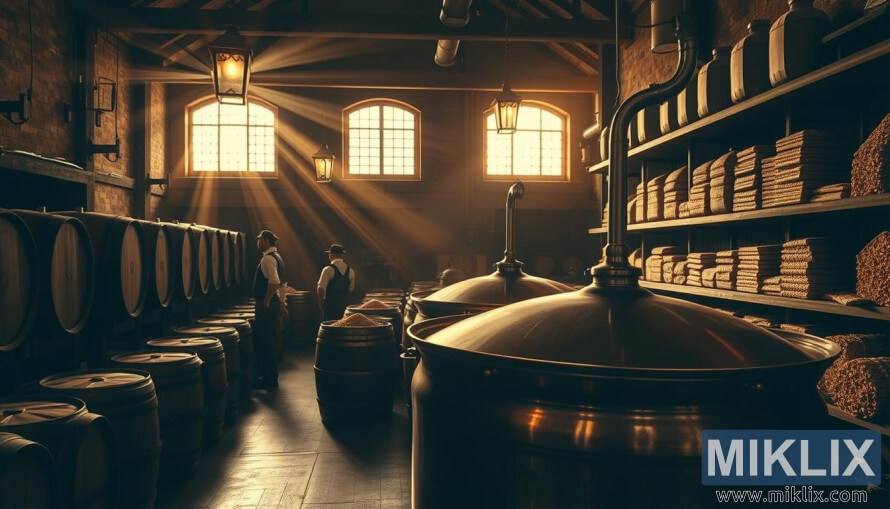 Söguleg brugghús með koparmeskitunnu, trétunnum og hveitimaltkorni undir ljósi luktar. Söguleg brugghús með koparmeskitunnu, trétunnum og hveitimaltkorni undir ljósi luktar.