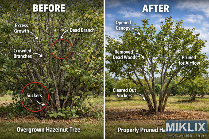 Imagem lado a lado mostrando uma aveleira excessivamente crescida antes da poda e a mesma Ã¡rvore apÃ³s a poda adequada, com copa aberta e estrutura melhorada.