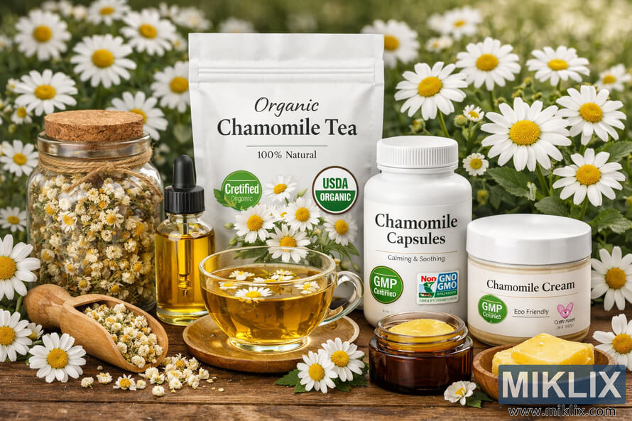 High-resolution landscape photo of chamomile flowers and certified chamomile products arranged on a rustic wooden surface, including tea, capsules, cream, and essential oil bottles with visible organic and eco-friendly certification labels.